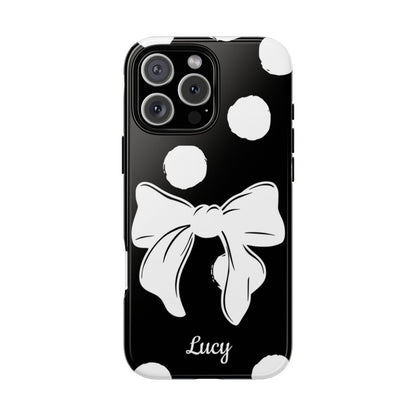 Personalized Black Polka Dot Bow Phone Case – Custom Name Coquette Retro Aesthetic
