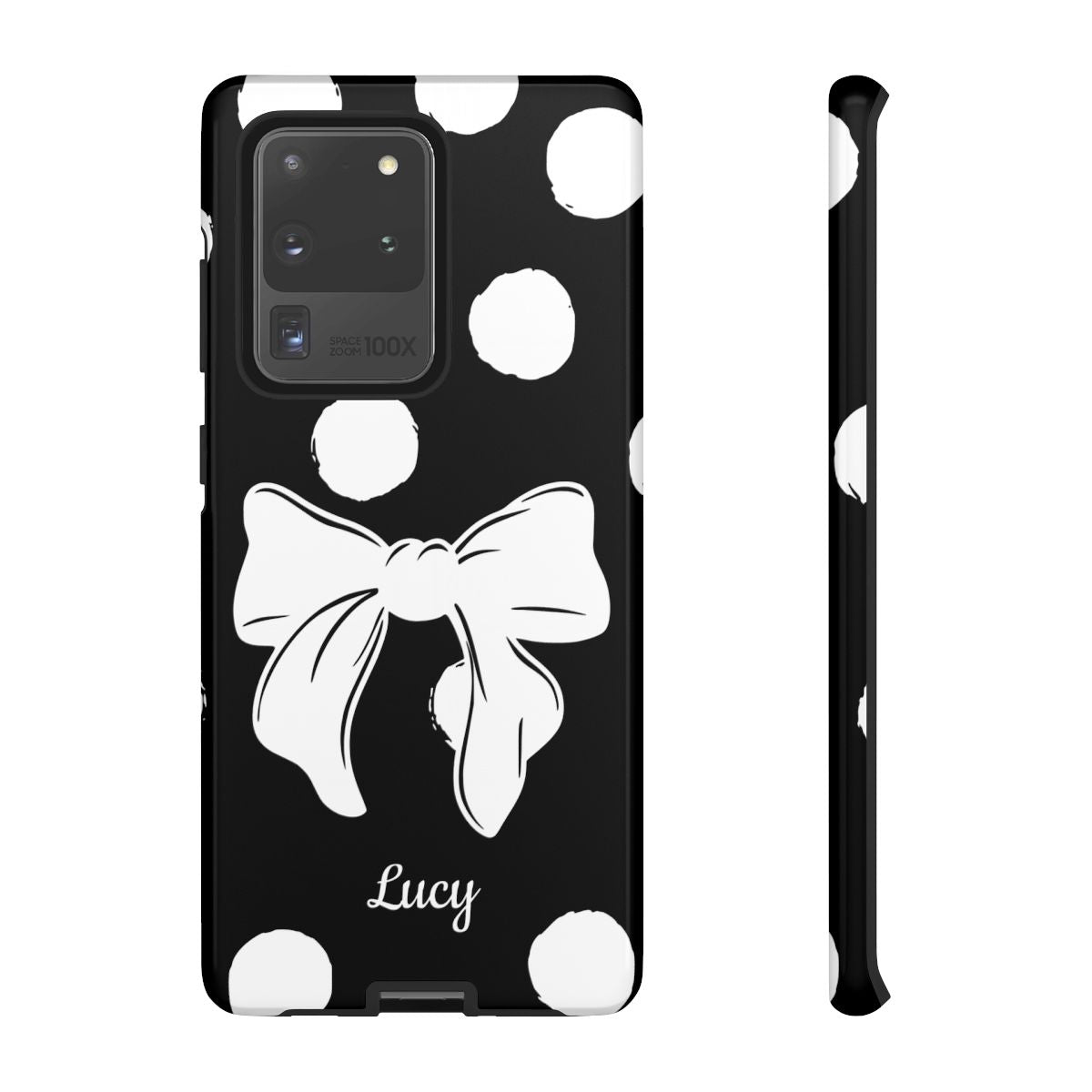 Personalized Black Polka Dot Bow Phone Case – Custom Name Coquette Retro Aesthetic