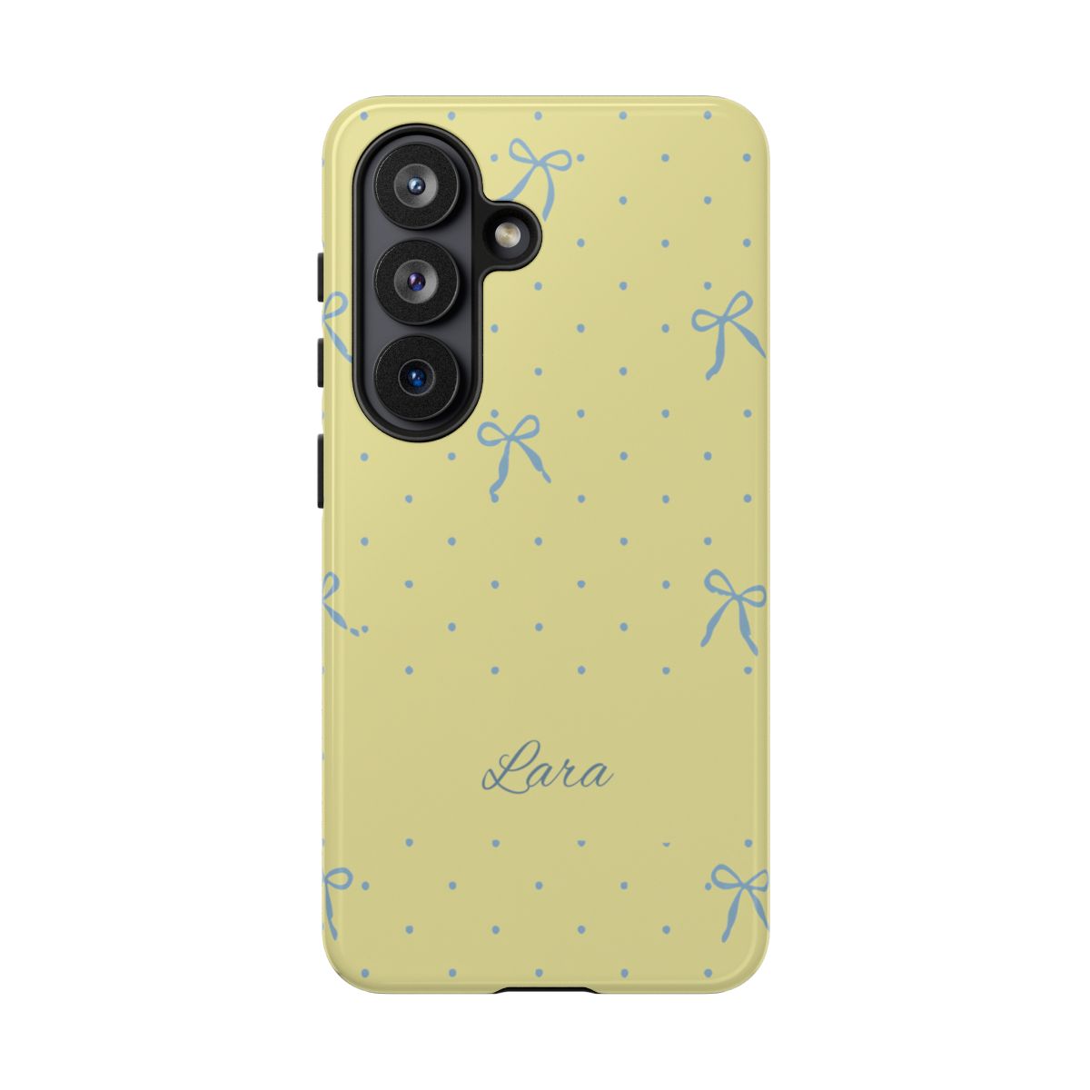Personalized Yellow Bow Phone Case – Custom Name Blue Polka Dot Aesthetic