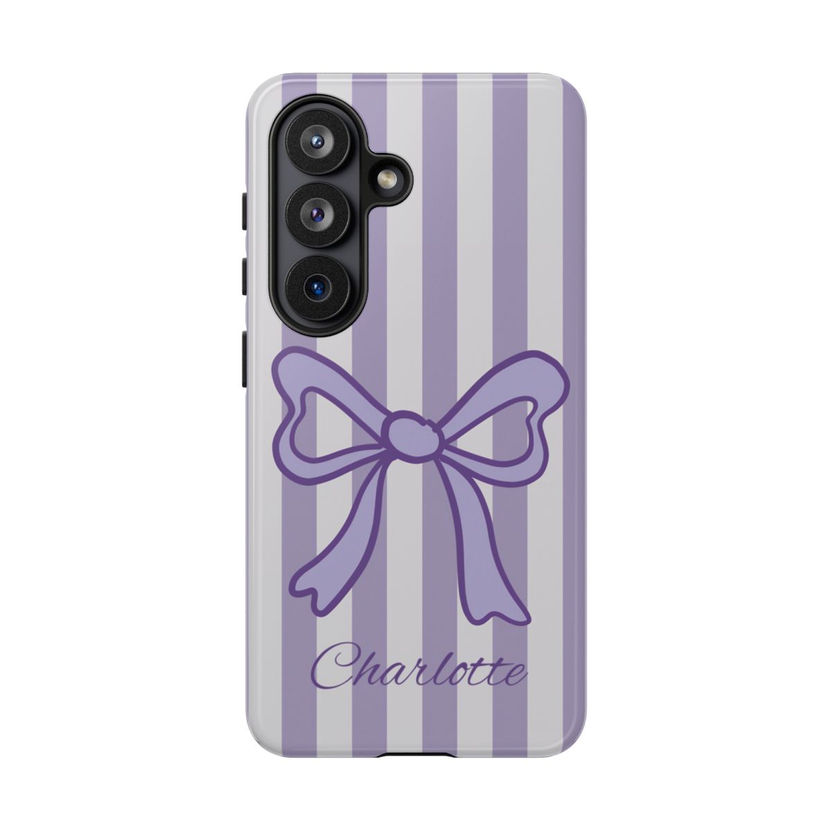 Minimalist coquette aesthetic phone case with a purple ribbon and personalized script lettering.