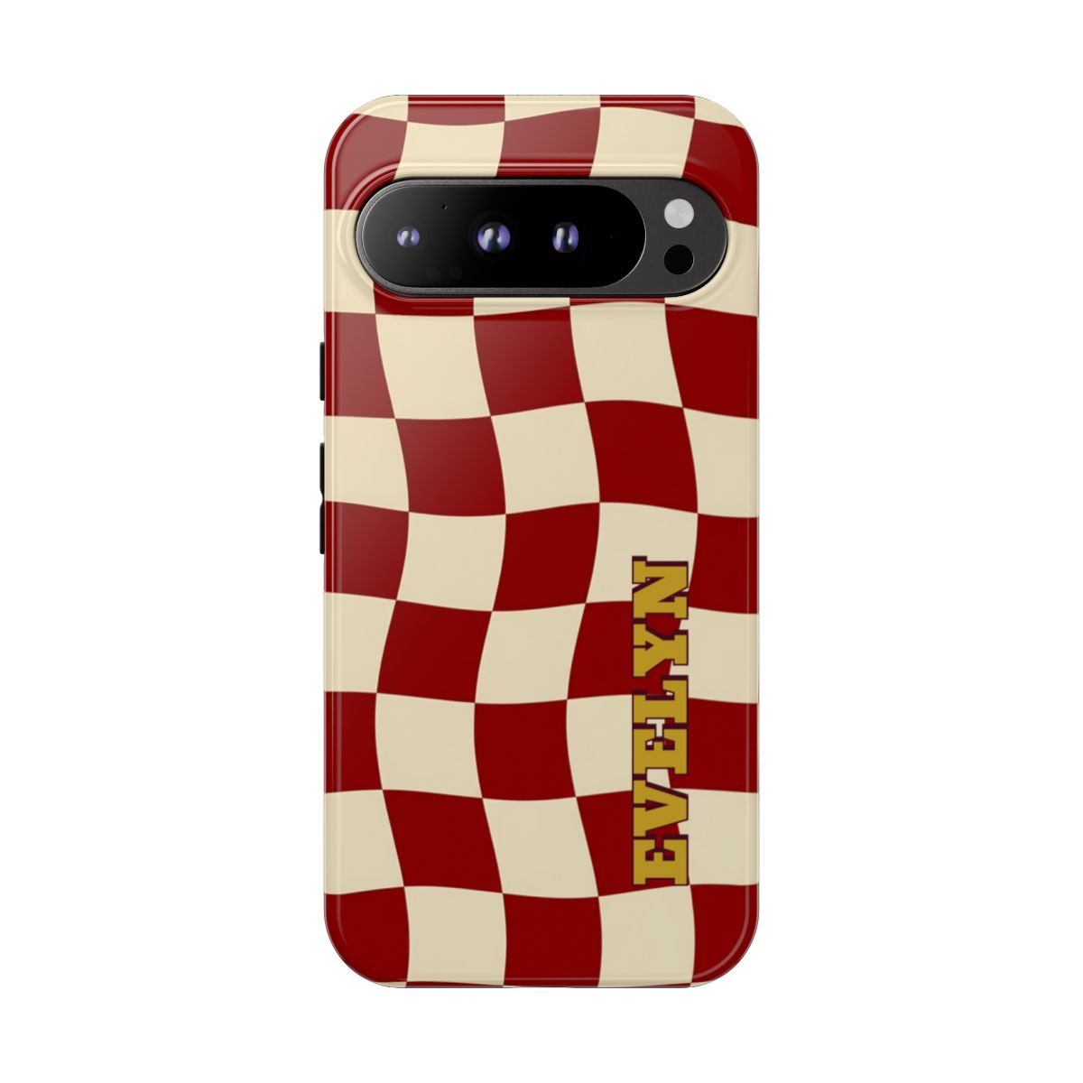 Personalized Burgundy Checkered Phone Case – Custom Name Wavy Retro Aesthetic