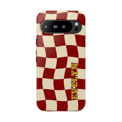 Personalized Burgundy Checkered Phone Case – Custom Name Wavy Retro Aesthetic
