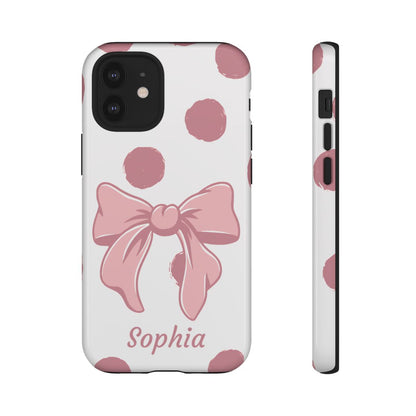 Personalized Pink Polka Dot Bow Phone Case – Custom Name Coquette Aesthetic