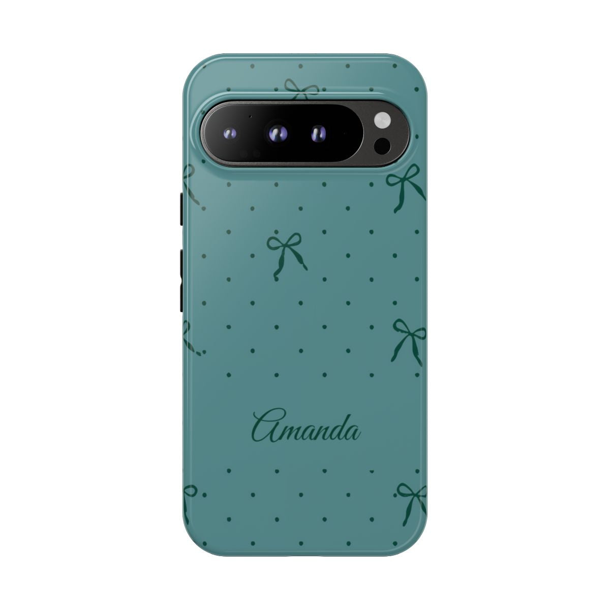 Personalized Teal Bow Phone Case – Custom Name Coquette Polka Dot Aesthetic