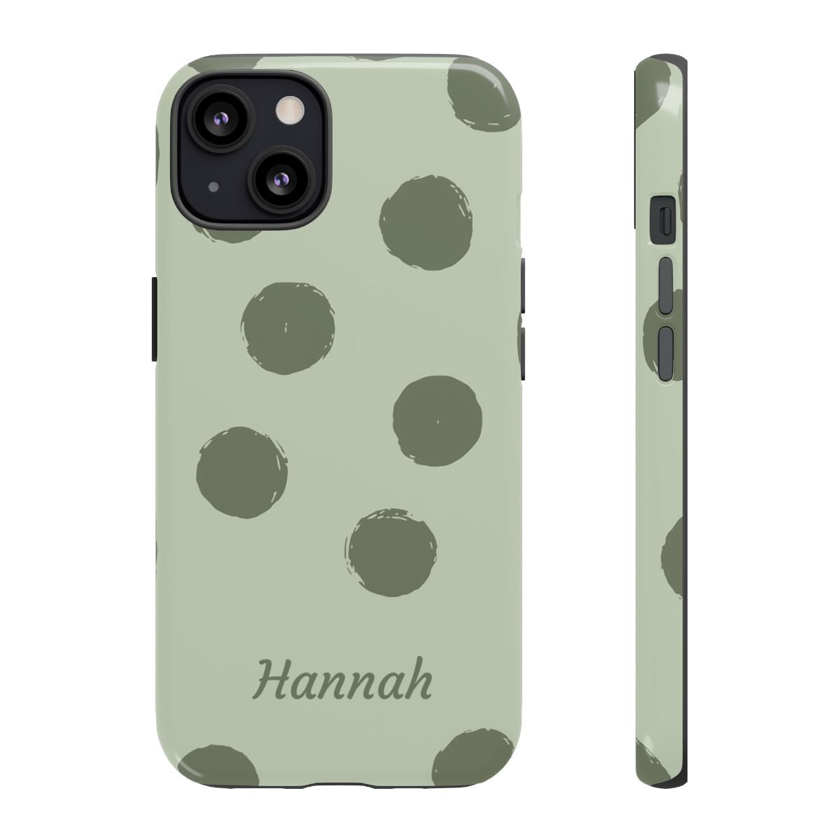 Personalized Sage Green Polka Dot Phone Case – Custom Name Matcha Aesthetic