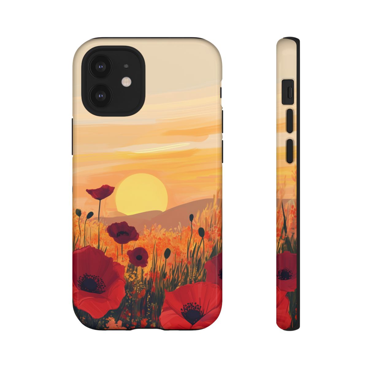 Warm-toned phone cover with vibrant red flowers and rolling hills against an orange sky.