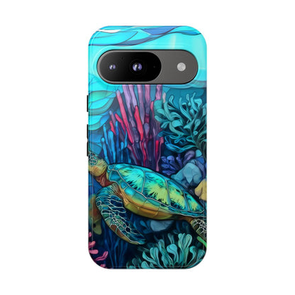 Stained Glass Turtle Phone Case – Coastal Blue Ocean Mosaic Aesthetic
