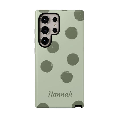 Personalized Sage Green Polka Dot Phone Case – Custom Name Matcha Aesthetic
