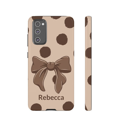 Personalized Brown Polka Dot Bow Phone Case – Custom Name Coquette Retro Aesthetic
