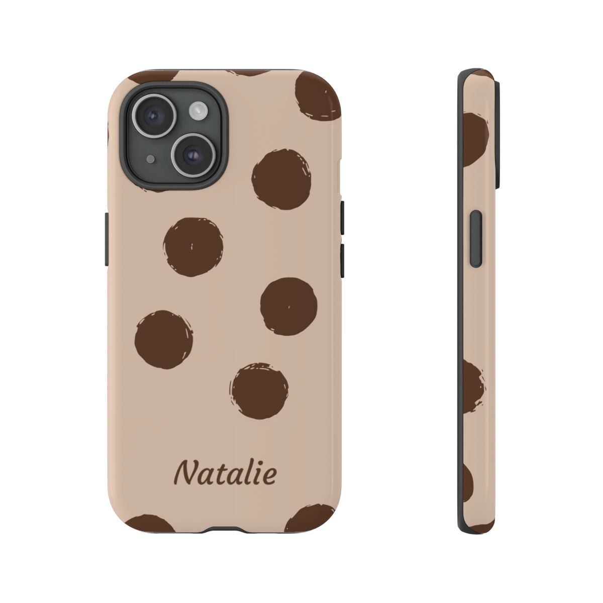 Personalized Brown Polka Dot Phone Case – Custom Name Neutral Boho Aesthetic