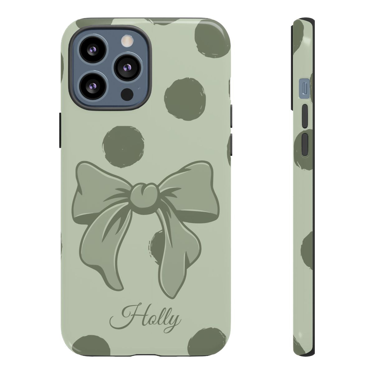 Personalized Sage Green Polka Dot Bow Phone Case – Custom Name Coquette Aesthetic
