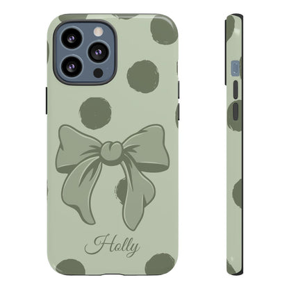 Personalized Sage Green Polka Dot Bow Phone Case – Custom Name Coquette Aesthetic