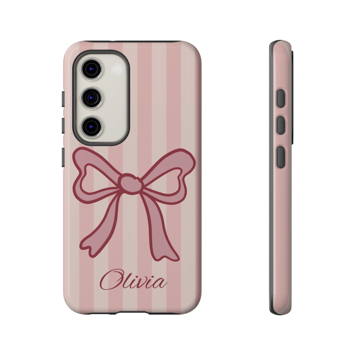 Personalized Pink Bow Phone Case – Soft Pastel Striped Coquette Aesthetic