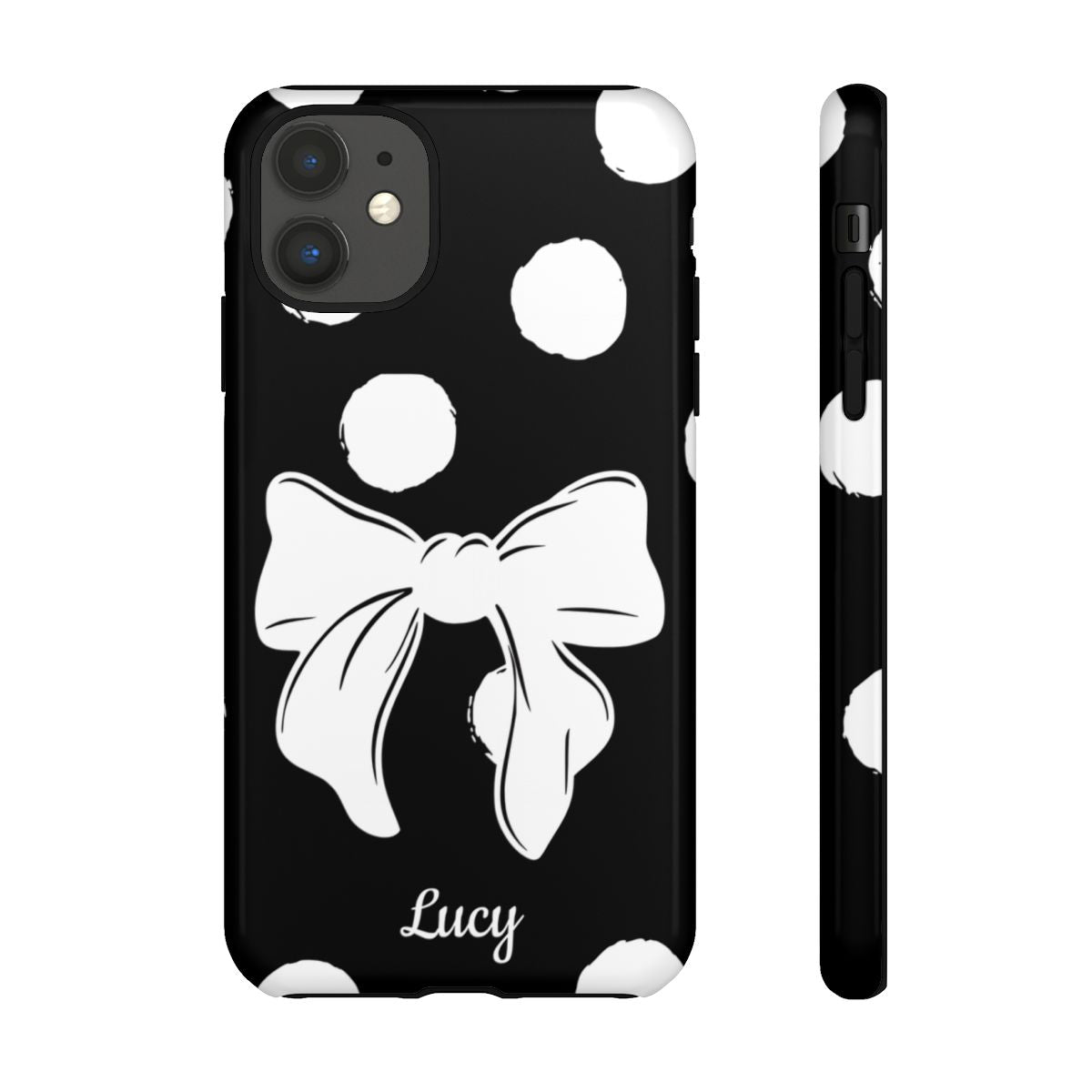 Personalized Black Polka Dot Bow Phone Case – Custom Name Coquette Retro Aesthetic