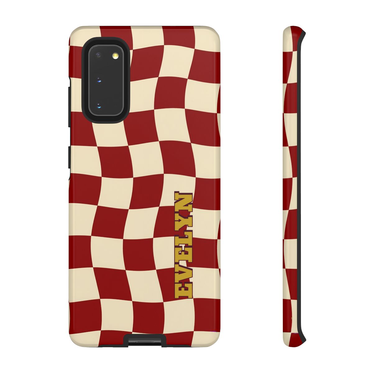 Personalized Burgundy Checkered Phone Case – Custom Name Wavy Retro Aesthetic