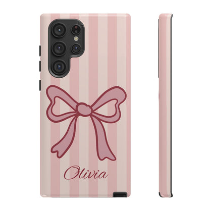 Personalized Pink Bow Phone Case – Soft Pastel Striped Coquette Aesthetic