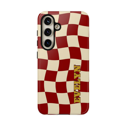 Personalized Burgundy Checkered Phone Case – Custom Name Wavy Retro Aesthetic