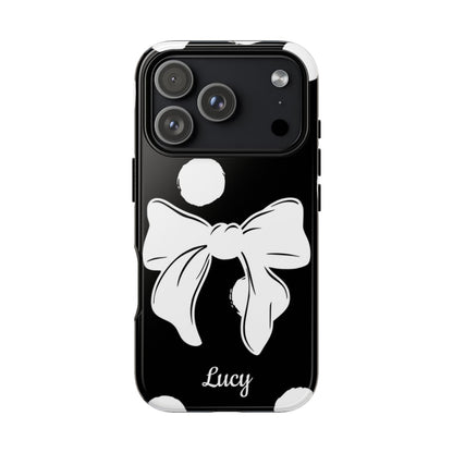 Personalized Black Polka Dot Bow Phone Case – Custom Name Coquette Retro Aesthetic