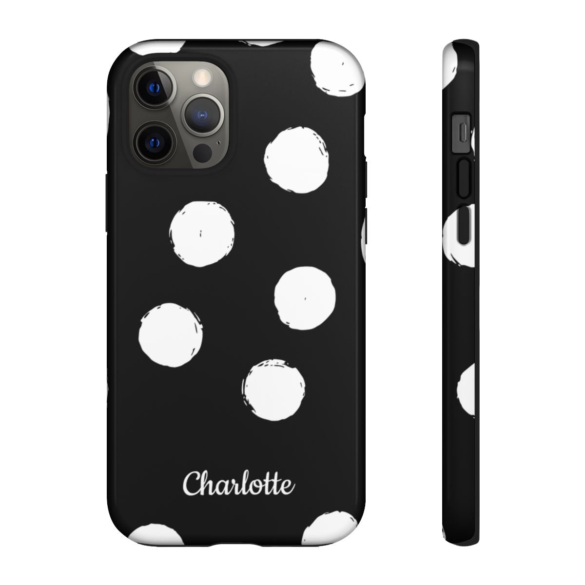 Personalized Black Polka Dot Phone Case – Custom Name Bold Monochrome Aesthetic