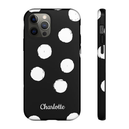 Personalized Black Polka Dot Phone Case – Custom Name Bold Monochrome Aesthetic