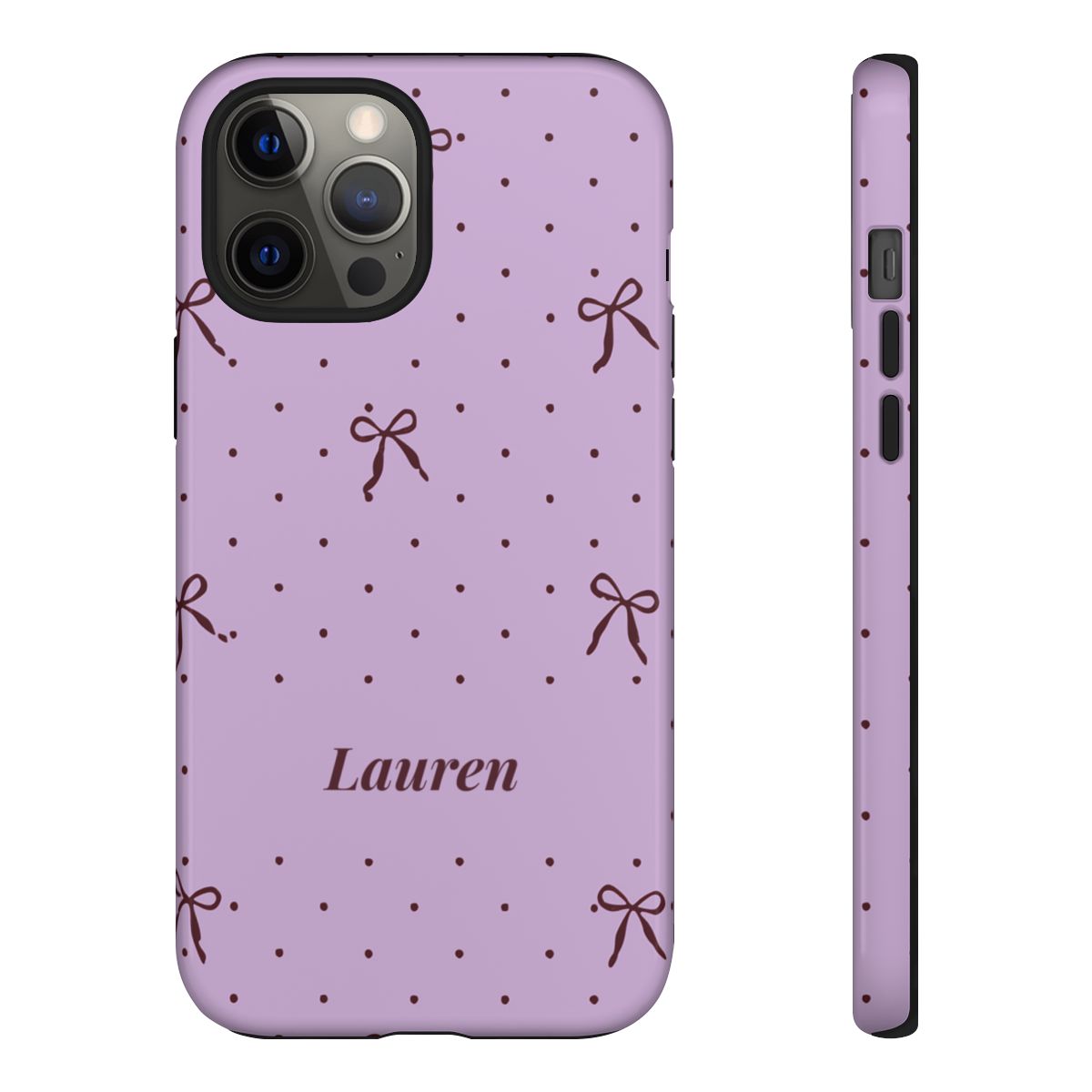Personalized Lavender Bow Phone Case – Custom Name Polka Dot Coquette Aesthetic