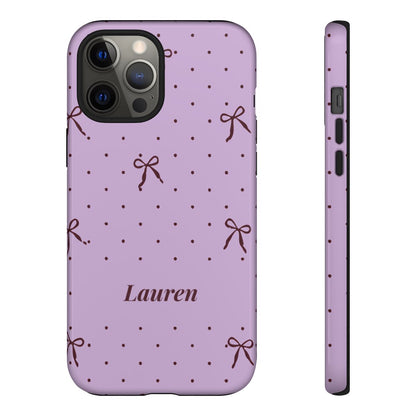 Personalized Lavender Bow Phone Case – Custom Name Polka Dot Coquette Aesthetic