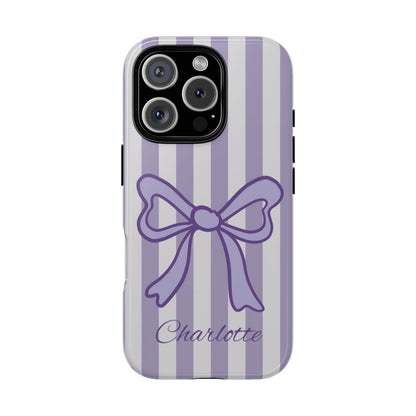 Personalized Lavender Bow Phone Case – Purple Striped Coquette Ribbon Aesthetic