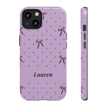 Personalized Lavender Bow Phone Case – Custom Name Polka Dot Coquette Aesthetic