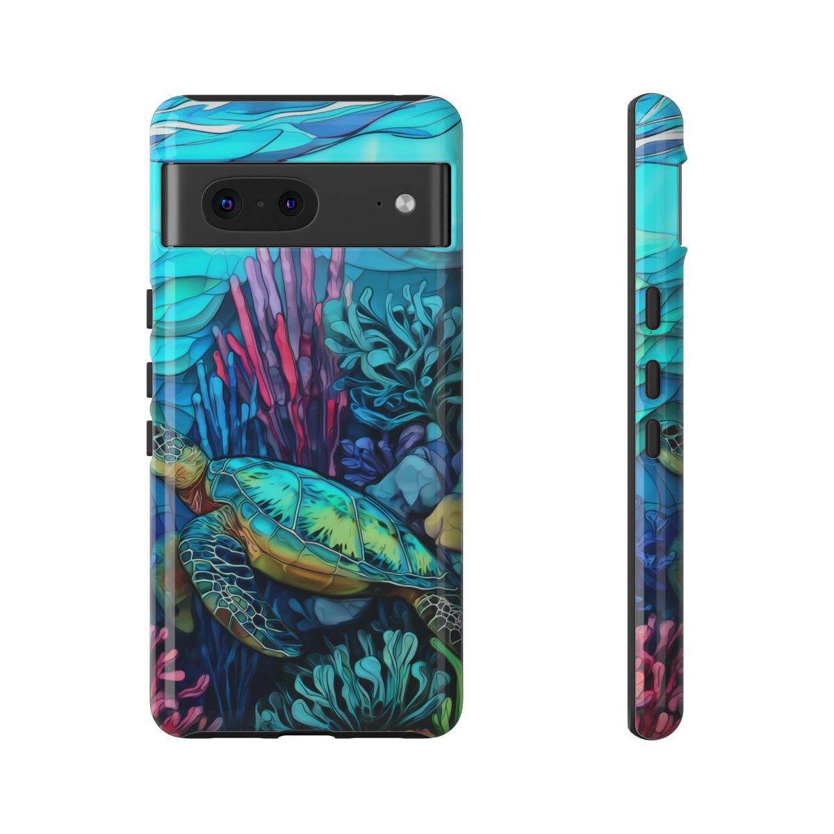 Stained Glass Turtle Phone Case – Coastal Blue Ocean Mosaic Aesthetic