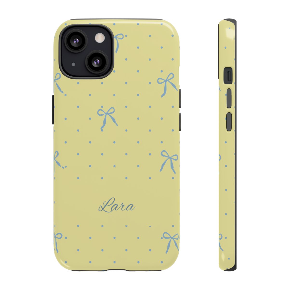 Personalized Yellow Bow Phone Case – Custom Name Blue Polka Dot Aesthetic