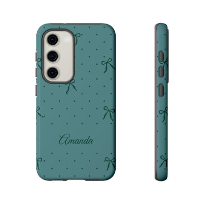 Personalized Teal Bow Phone Case – Custom Name Coquette Polka Dot Aesthetic