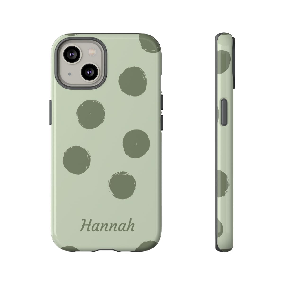 Personalized Sage Green Polka Dot Phone Case – Custom Name Matcha Aesthetic