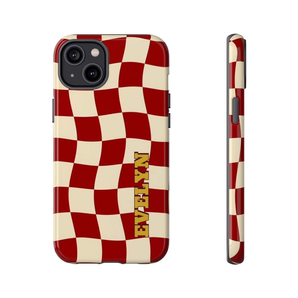 Personalized Burgundy Checkered Phone Case – Custom Name Wavy Retro Aesthetic