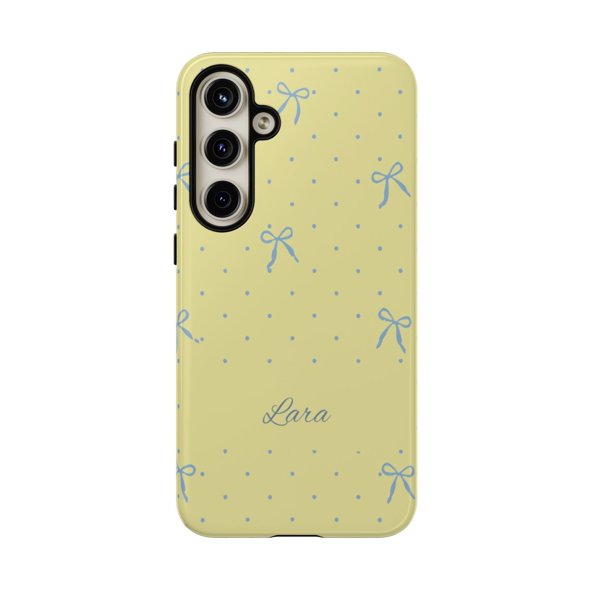 Personalized Yellow Bow Phone Case – Custom Name Blue Polka Dot Aesthetic