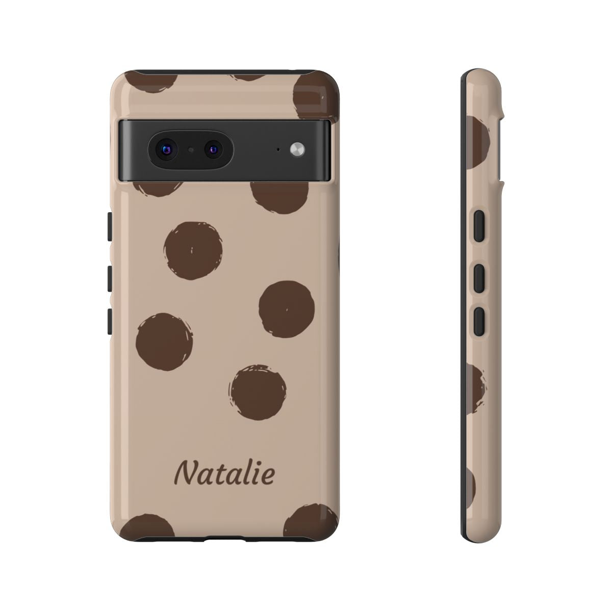Personalized Brown Polka Dot Phone Case – Custom Name Neutral Boho Aesthetic