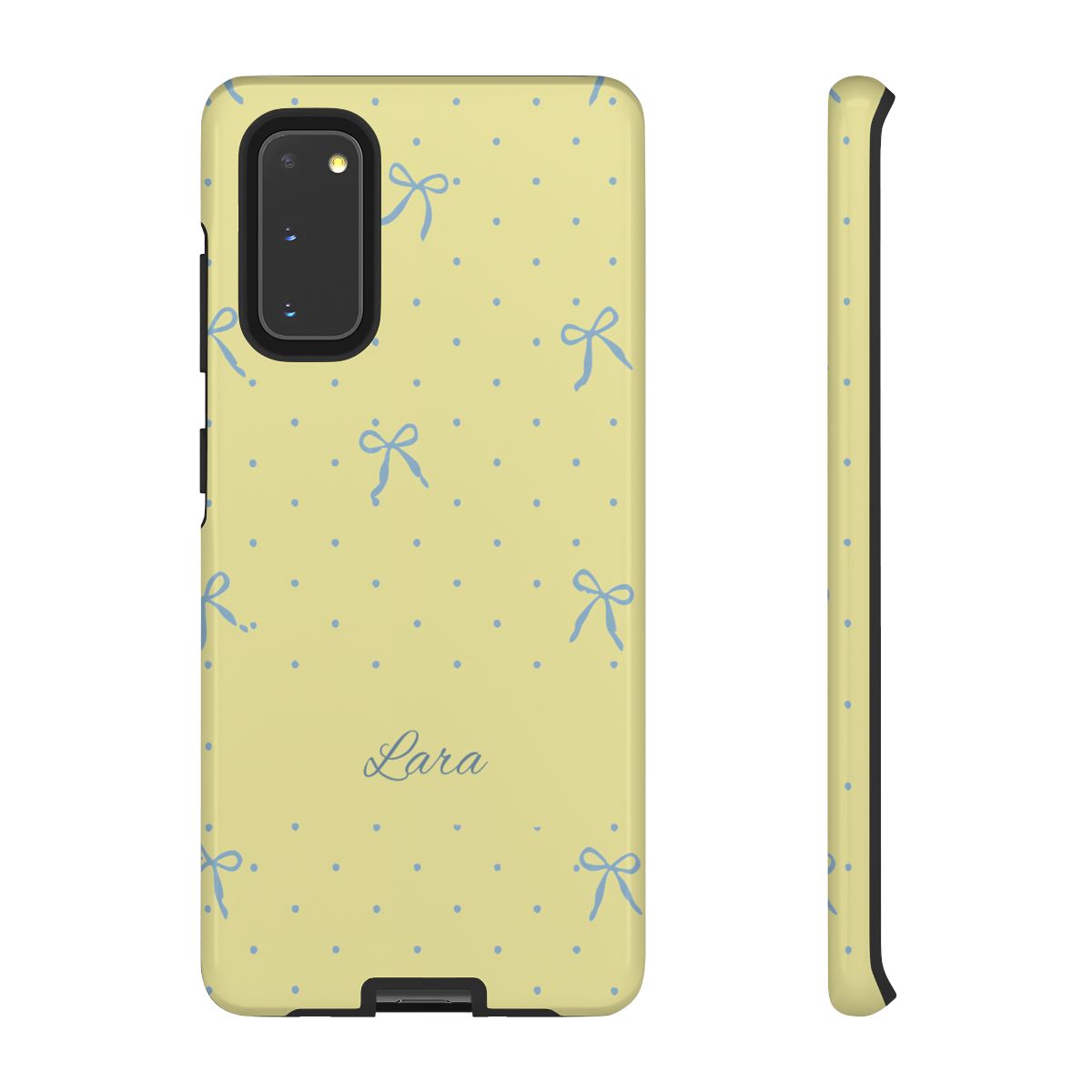 Personalized Yellow Bow Phone Case – Custom Name Blue Polka Dot Aesthetic