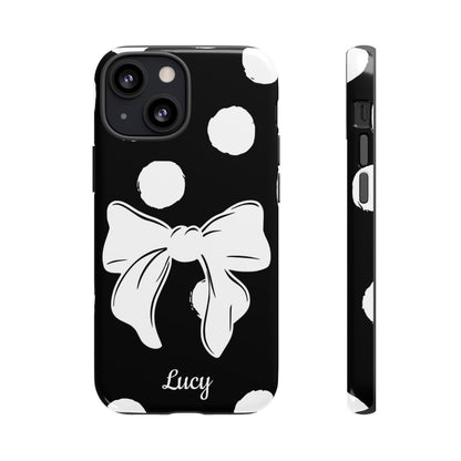 Personalized Black Polka Dot Bow Phone Case – Custom Name Coquette Retro Aesthetic