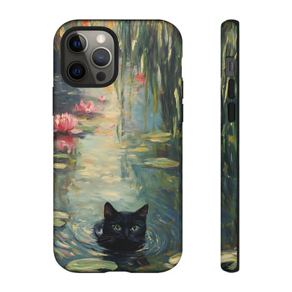 Close-up of an impressionist-style phone case with pink water lilies, green lily pads, and a cute black cat.