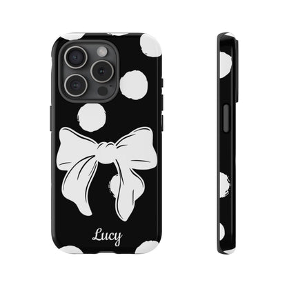 Personalized Black Polka Dot Bow Phone Case – Custom Name Coquette Retro Aesthetic