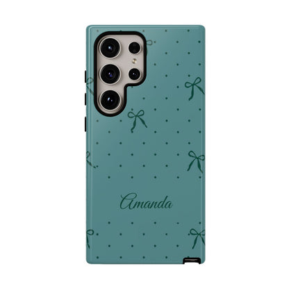 Personalized Teal Bow Phone Case – Custom Name Coquette Polka Dot Aesthetic