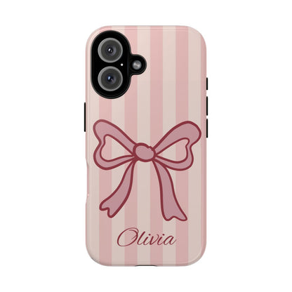 Personalized Pink Bow Phone Case – Soft Pastel Striped Coquette Aesthetic