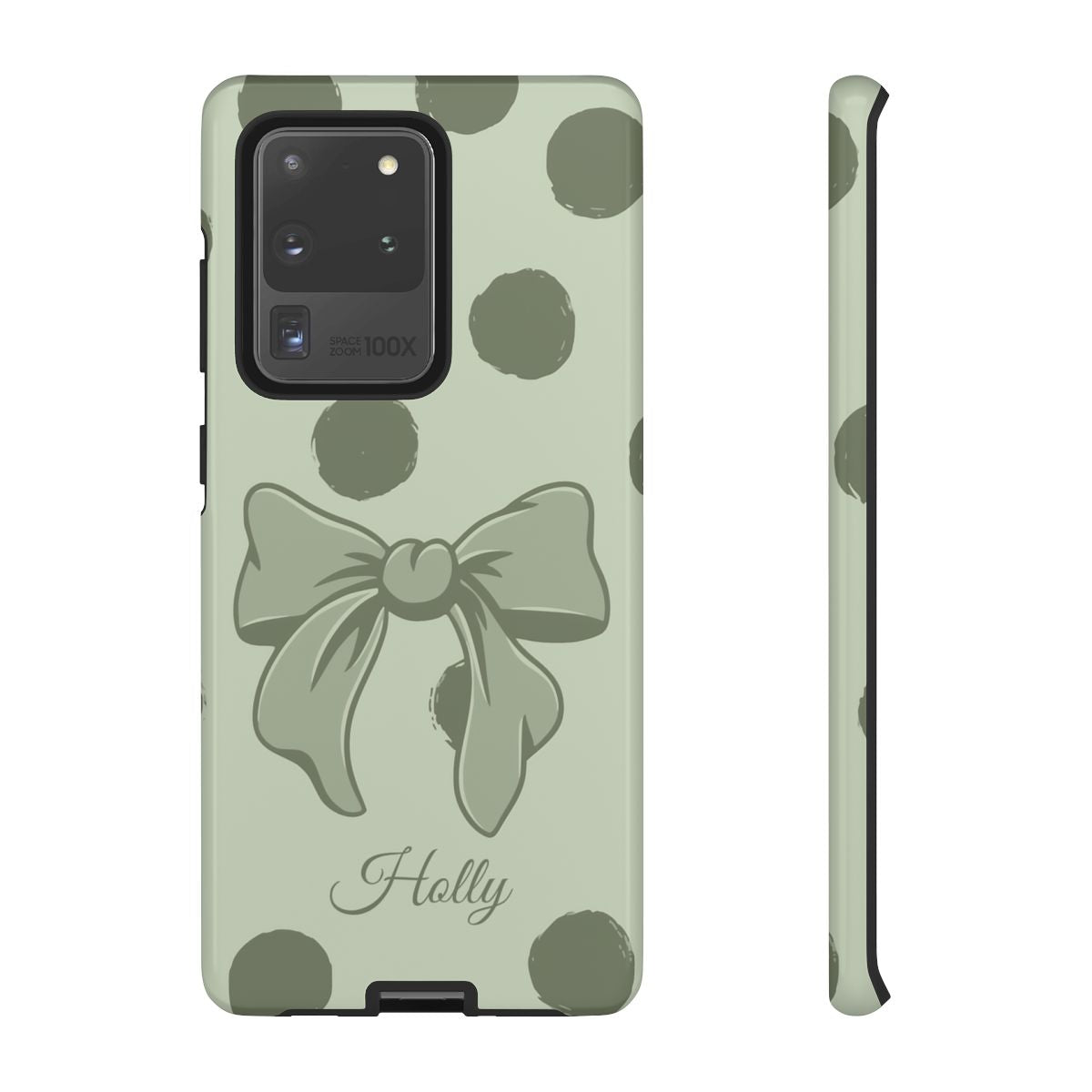 Personalized Sage Green Polka Dot Bow Phone Case – Custom Name Coquette Aesthetic