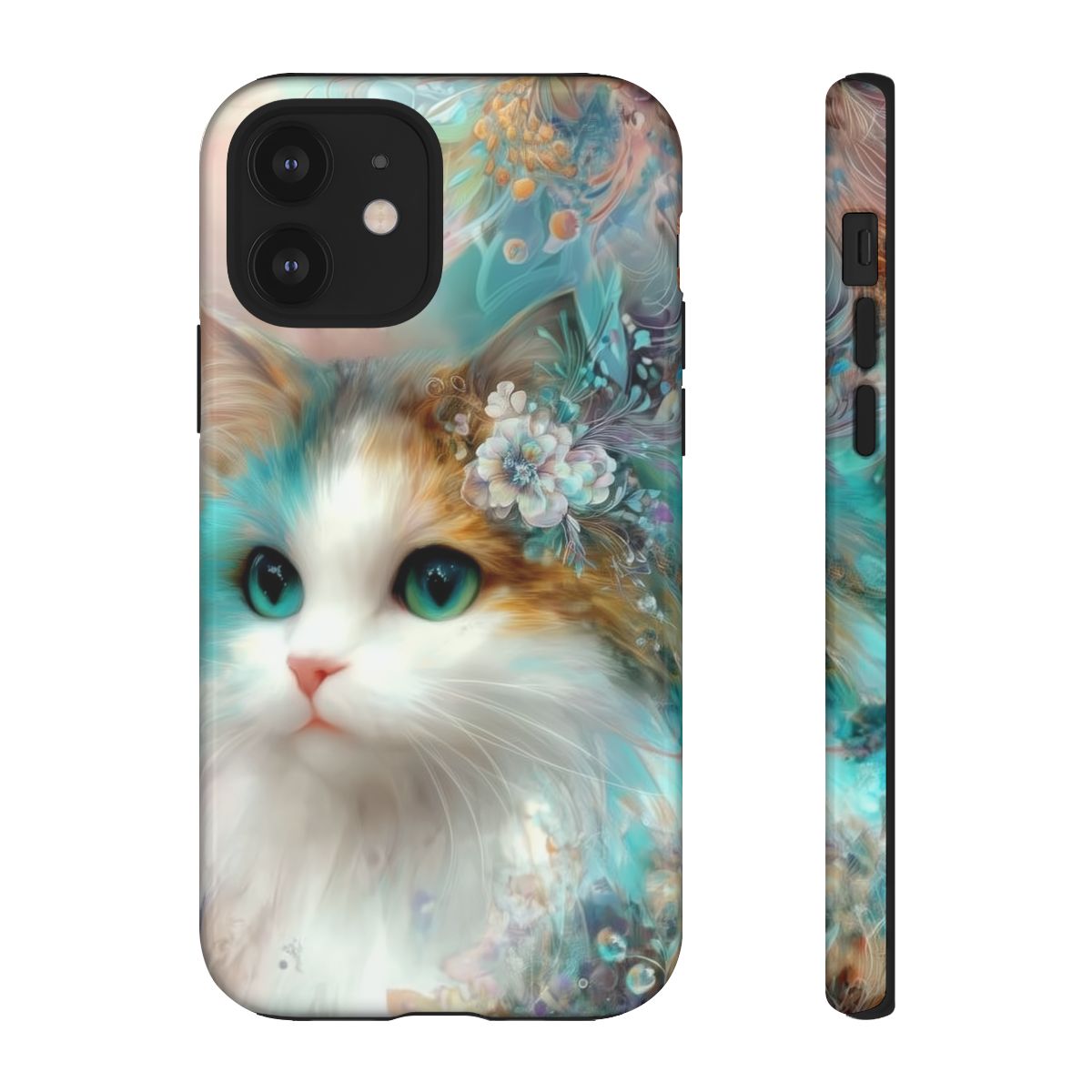 Close-up of an artistic kitten design with soft teal, pink, and gold watercolor accents.