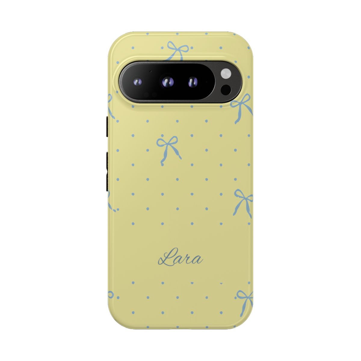 Personalized Yellow Bow Phone Case – Custom Name Blue Polka Dot Aesthetic