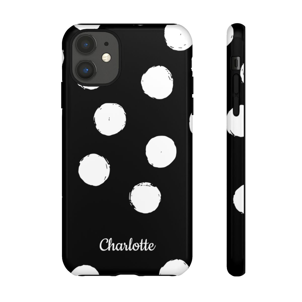 Personalized Black Polka Dot Phone Case – Custom Name Bold Monochrome Aesthetic