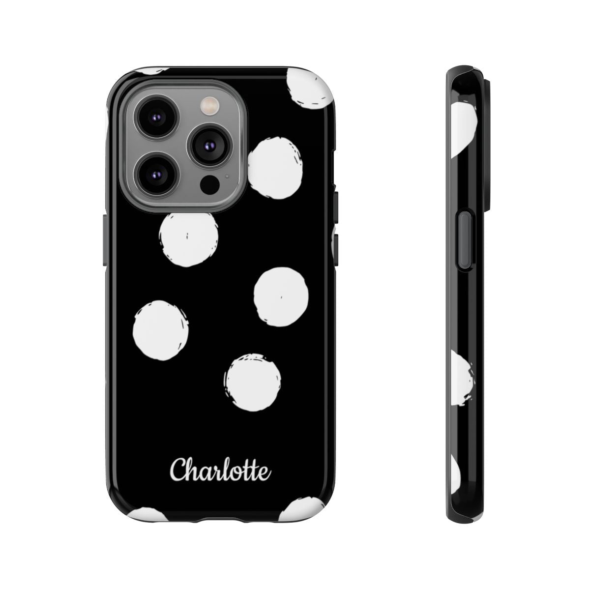 Personalized Black Polka Dot Phone Case – Custom Name Bold Monochrome Aesthetic
