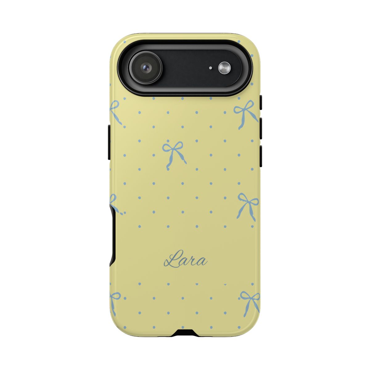 Personalized Yellow Bow Phone Case – Custom Name Blue Polka Dot Aesthetic