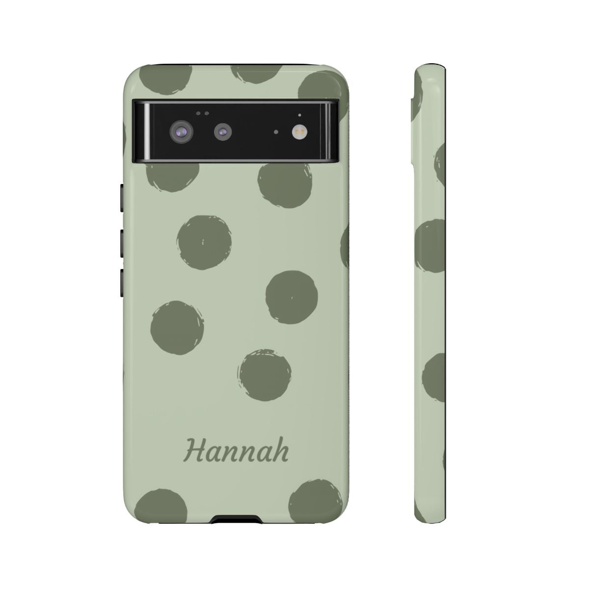 Personalized Sage Green Polka Dot Phone Case – Custom Name Matcha Aesthetic