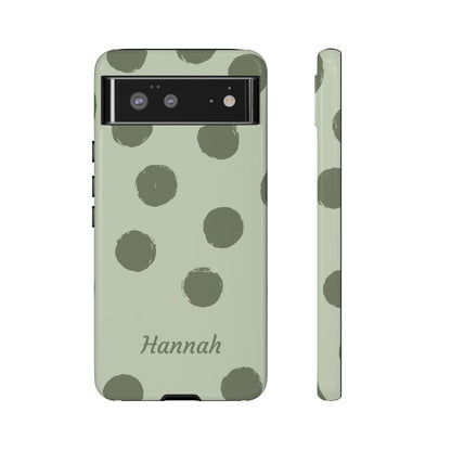 Personalized Sage Green Polka Dot Phone Case – Custom Name Matcha Aesthetic