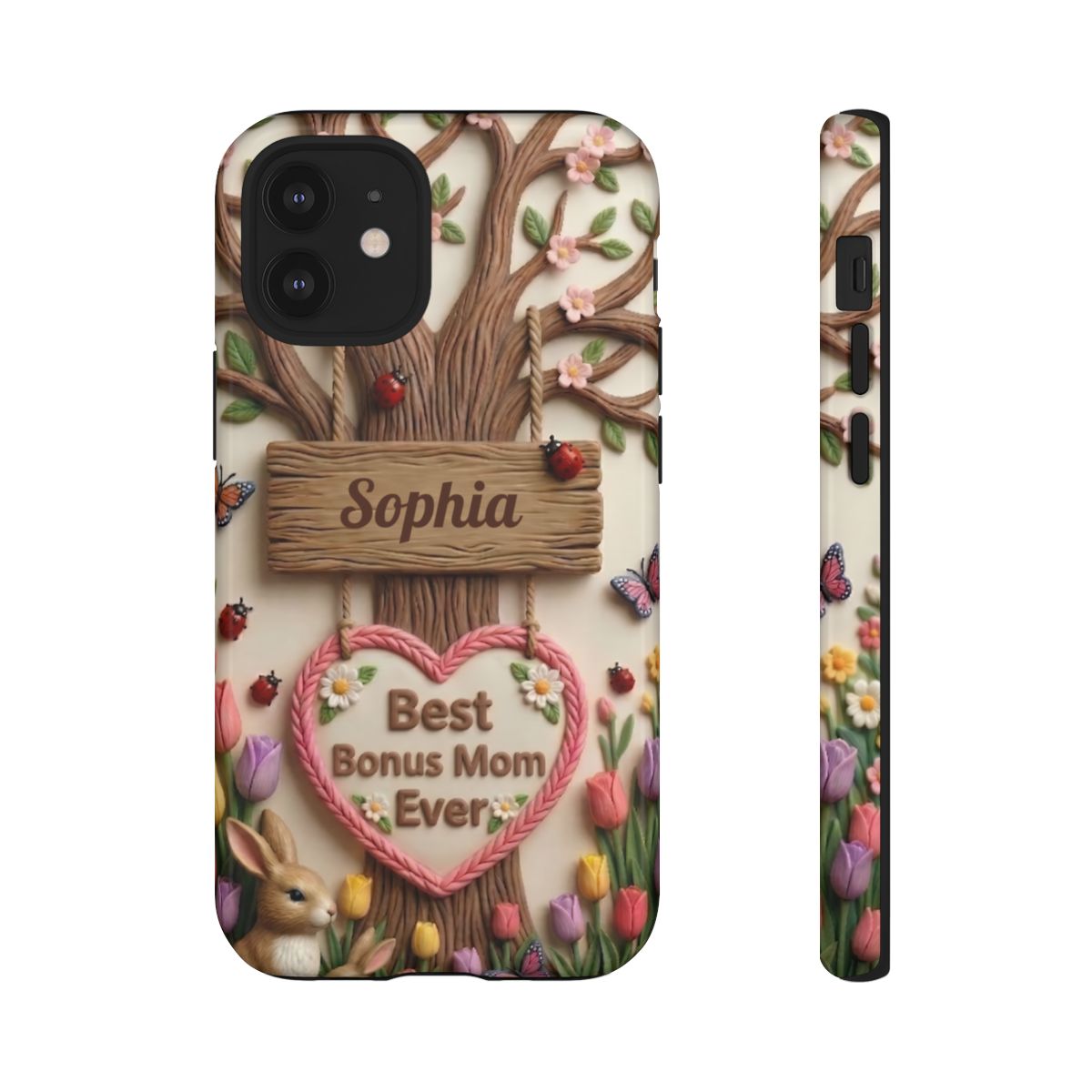 Personalized Bonus Mom Phone Case – Custom Name Clay Spring Garden Aesthetic